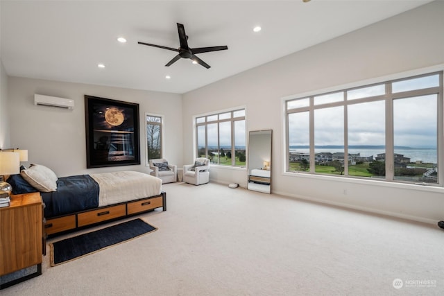 bedroom with ceiling fan, carpet, an AC wall unit, and lofted ceiling