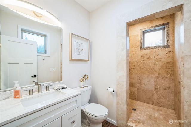 bathroom with toilet, vanity, and a tile shower