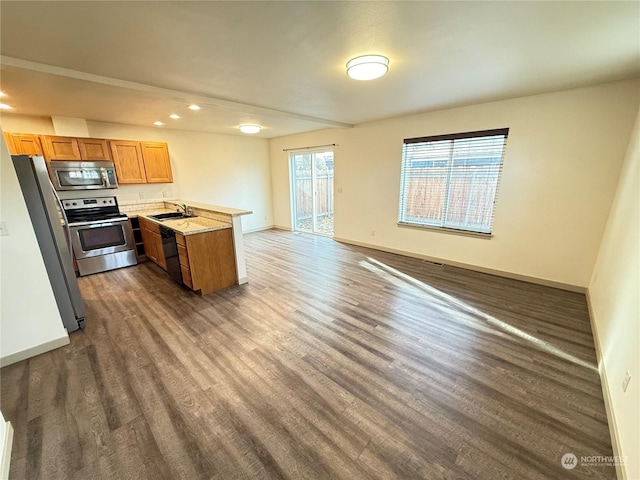 kitchen with kitchen peninsula, sink, dark hardwood / wood-style flooring, and appliances with stainless steel finishes