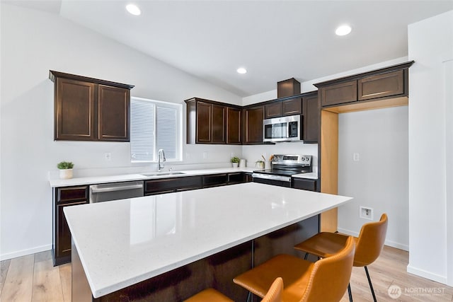 kitchen with stainless steel appliances, lofted ceiling, a kitchen island, and a sink