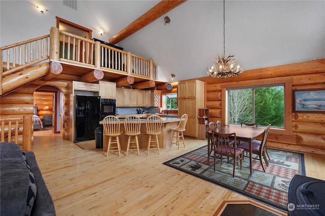 dining area featuring log walls, high vaulted ceiling, a notable chandelier, beamed ceiling, and light hardwood / wood-style floors