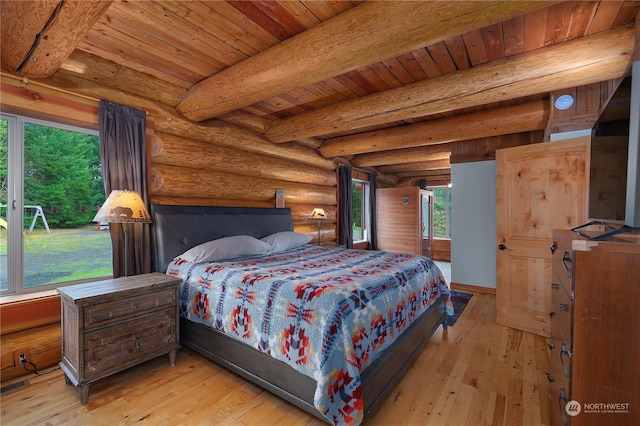 bedroom featuring beamed ceiling, light wood-type flooring, wood ceiling, and log walls