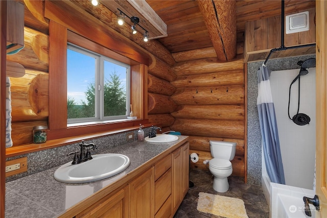 bathroom featuring vanity, wooden ceiling, toilet, log walls, and beam ceiling