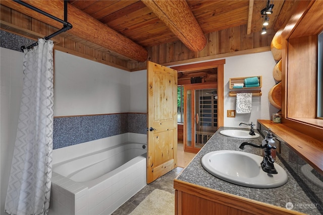 bathroom featuring vanity, beamed ceiling, and wooden ceiling