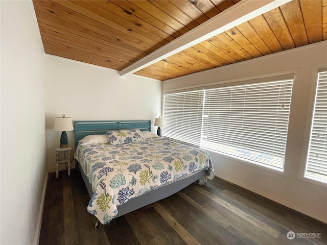 bedroom with beam ceiling, wooden ceiling, and dark hardwood / wood-style floors