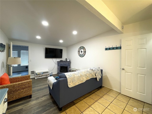 living room with beam ceiling