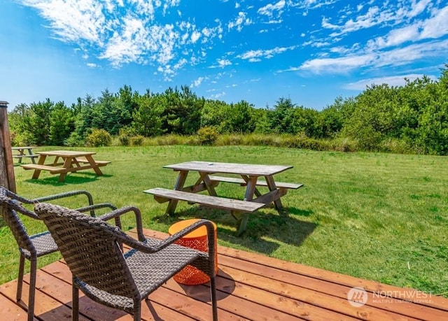 surrounding community featuring a yard and a deck