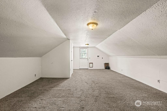 additional living space featuring vaulted ceiling, carpet, and a textured ceiling