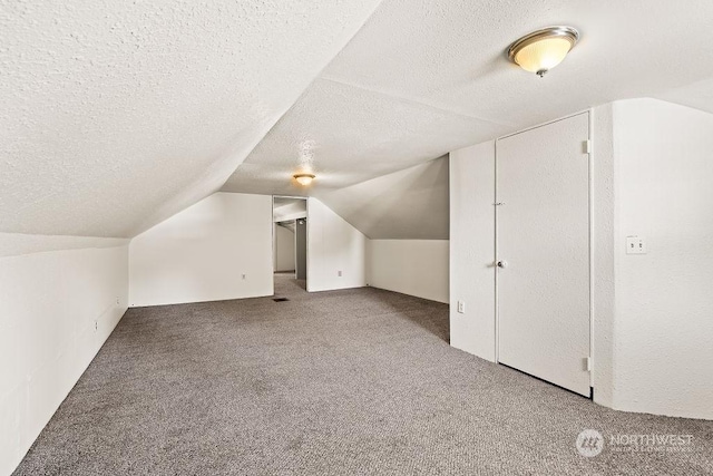 additional living space with a textured ceiling, carpet floors, and lofted ceiling