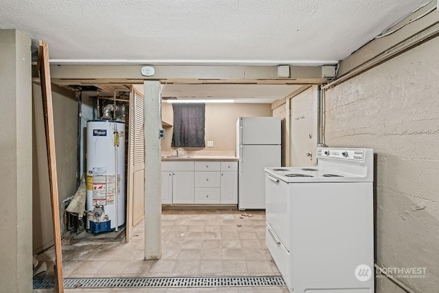 basement featuring water heater, sink, a textured ceiling, and white refrigerator