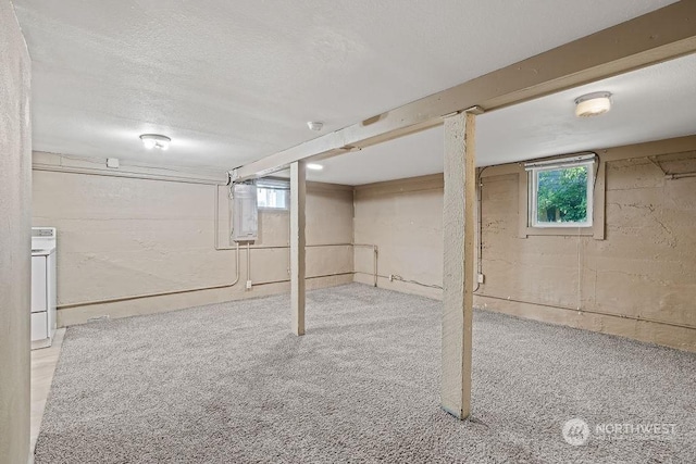 basement featuring washer / dryer and light carpet