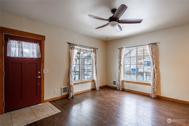 foyer featuring dark hardwood / wood-style flooring, ceiling fan, and plenty of natural light