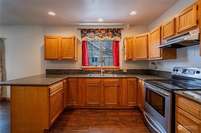 kitchen with sink, kitchen peninsula, dark stone counters, electric range, and dark wood-type flooring