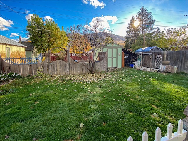 view of yard with a shed