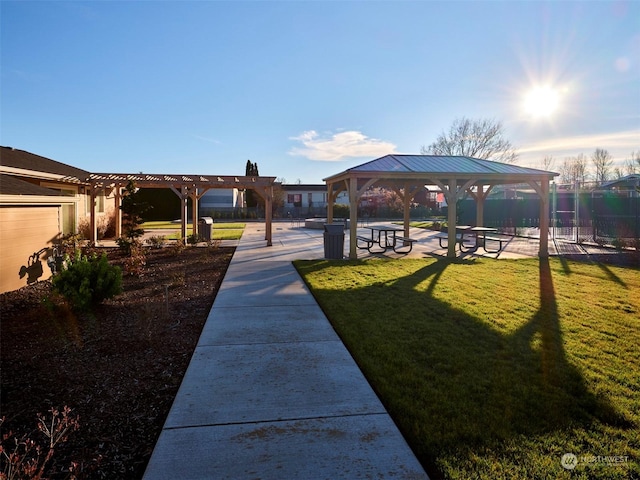 view of community featuring a gazebo and a lawn