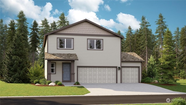 view of property with a garage and a front lawn