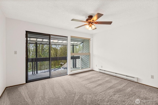 unfurnished room with a baseboard radiator, carpet flooring, ceiling fan, and a textured ceiling