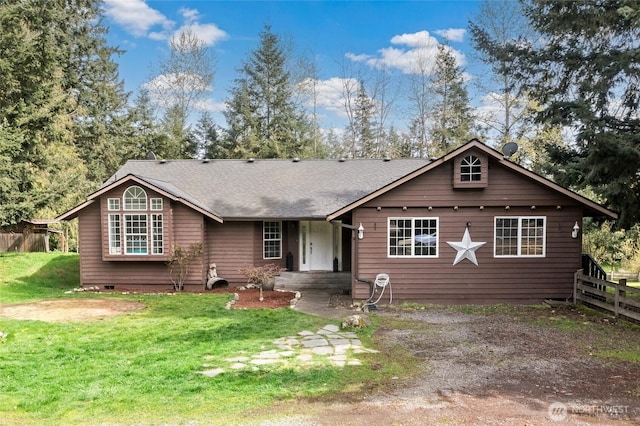 6807 345th St S, Roy, WA 98580 - view of front of property with a front yard, fence, crawl space, and roof with shingles
