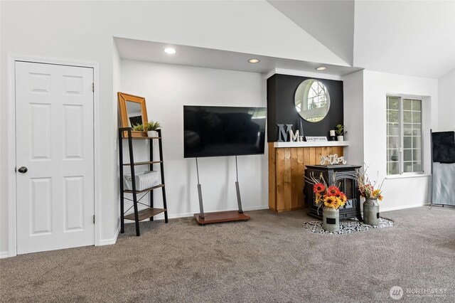 6807 345th St S, Roy, WA 98580 - living room featuring carpet flooring, baseboards, vaulted ceiling, and recessed lighting