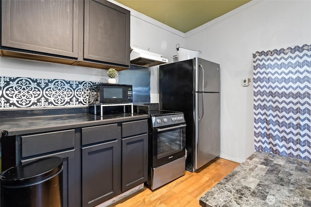 6807 345th St S, Roy, WA 98580 - kitchen featuring stainless steel appliances, under cabinet range hood, light wood-type flooring, and dark countertops