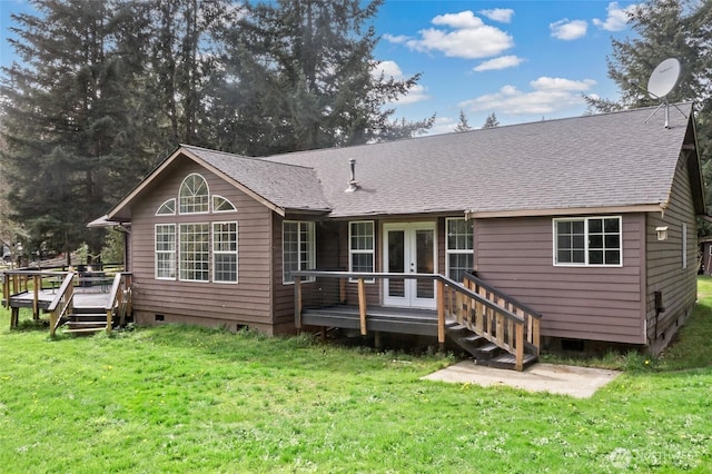 6807 345th St S, Roy, WA 98580 - rear view of property featuring roof with shingles, french doors, crawl space, a wooden deck, and a lawn