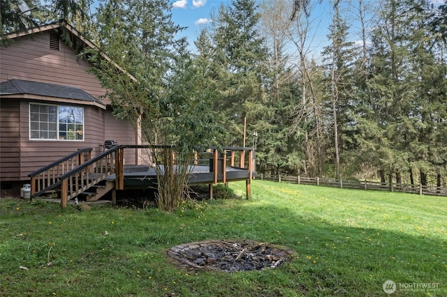 6807 345th St S, Roy, WA 98580 - view of yard with an outdoor fire pit, a wooden deck, fence, and stairway