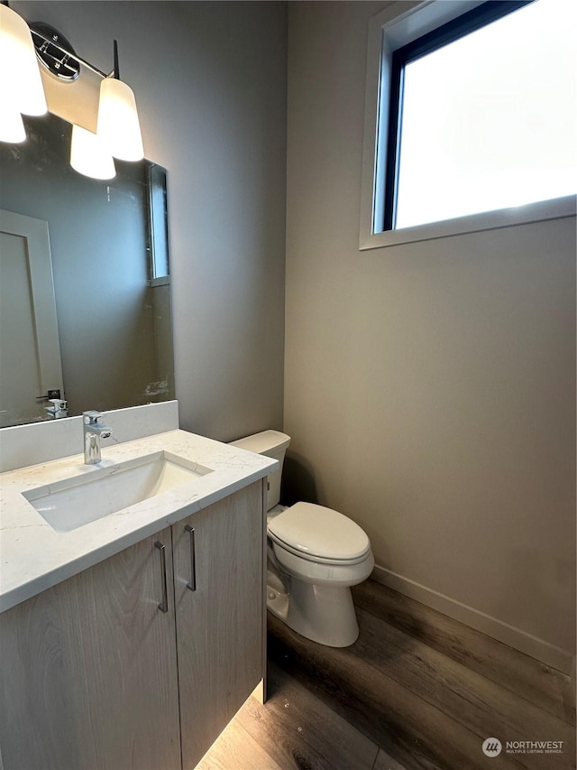 bathroom featuring hardwood / wood-style flooring, vanity, and toilet