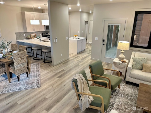 living room with sink and light hardwood / wood-style floors