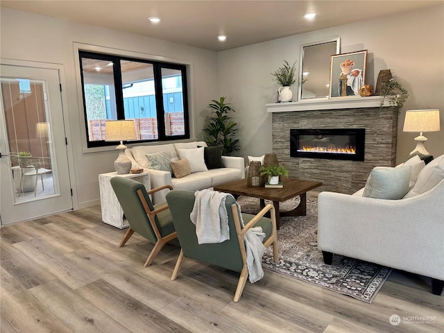 living room with hardwood / wood-style floors and a stone fireplace