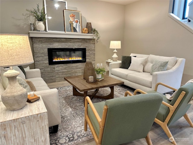 living room featuring a stone fireplace and hardwood / wood-style flooring