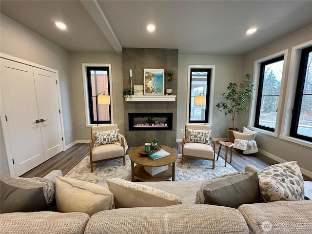 living room with a tiled fireplace and wood-type flooring