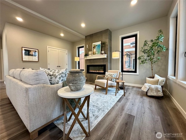 living room with a fireplace and dark hardwood / wood-style flooring