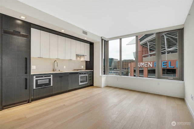 kitchen featuring light wood-type flooring, tasteful backsplash, stainless steel appliances, sink, and white cabinetry