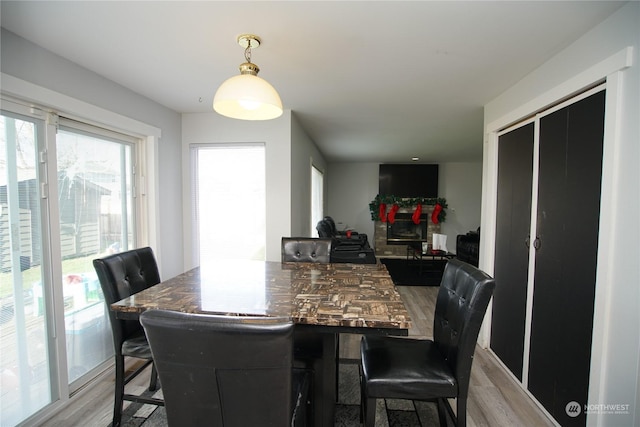 dining area with light hardwood / wood-style floors and a stone fireplace