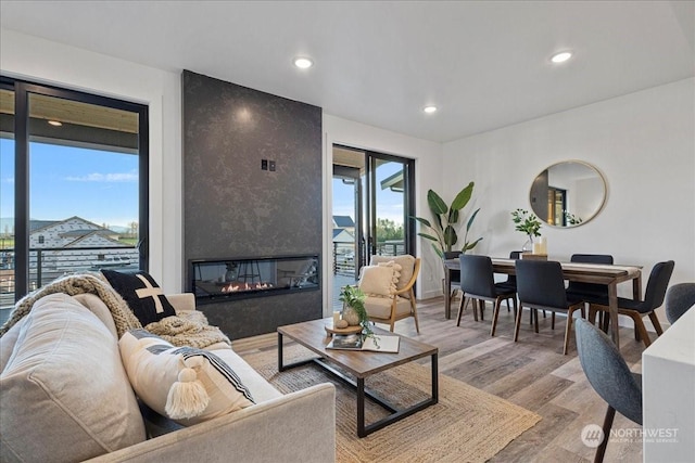 living room featuring hardwood / wood-style flooring and a large fireplace