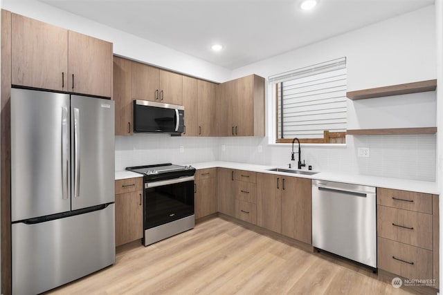 kitchen with decorative backsplash, stainless steel appliances, light hardwood / wood-style flooring, and sink