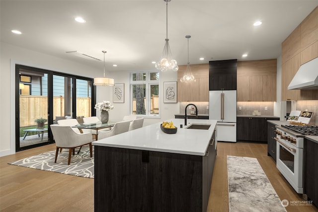 kitchen with pendant lighting, a kitchen island with sink, high quality appliances, and sink