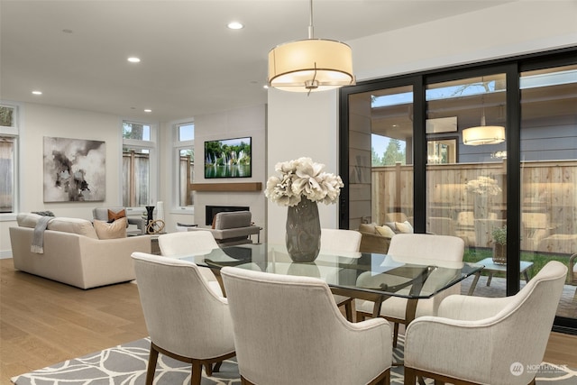 dining room featuring a fireplace and light hardwood / wood-style floors