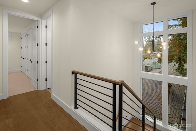 hall with a chandelier and hardwood / wood-style flooring