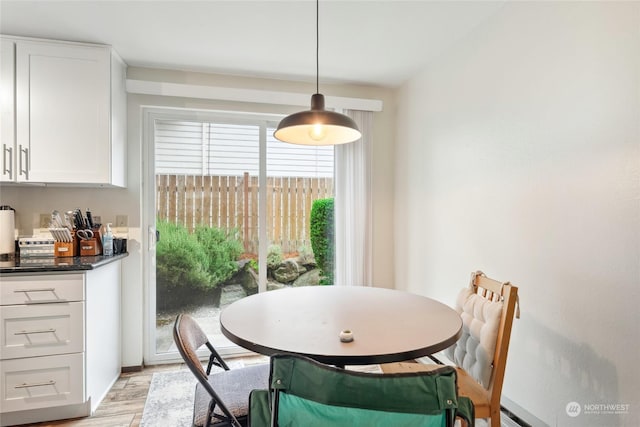 dining space featuring a baseboard radiator and light wood-type flooring