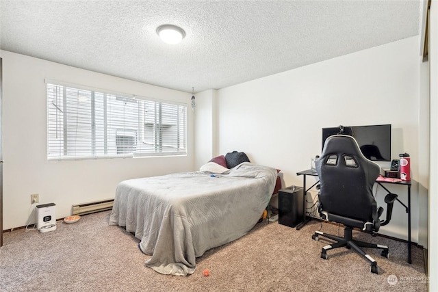 bedroom featuring carpet floors, a textured ceiling, and baseboard heating