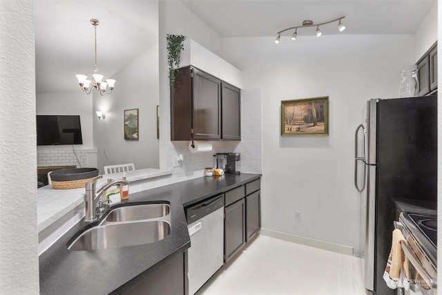 kitchen with stainless steel appliances, sink, tasteful backsplash, and dark brown cabinetry