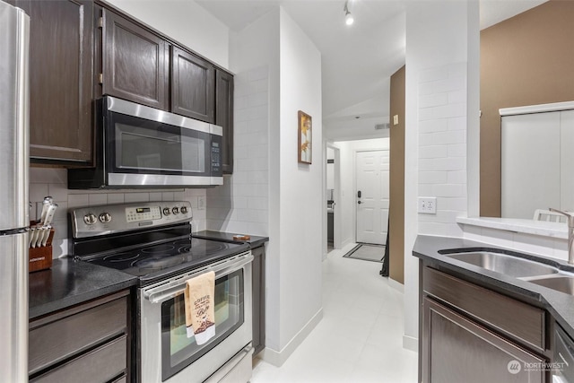 kitchen with sink, decorative backsplash, dark brown cabinetry, and appliances with stainless steel finishes