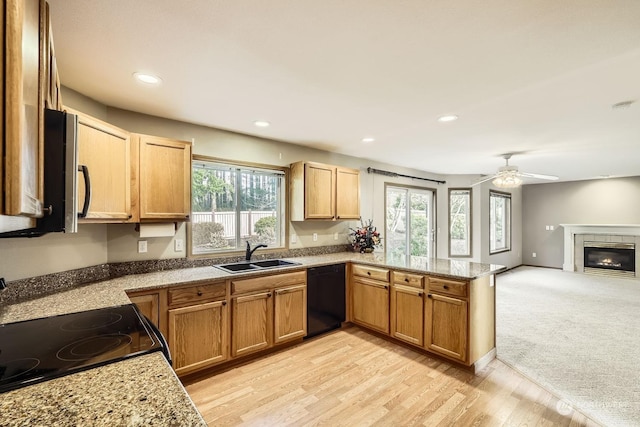 kitchen with sink, a fireplace, black dishwasher, light carpet, and stove