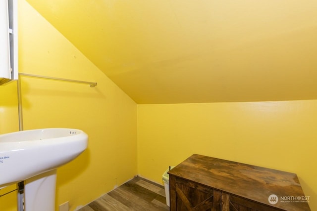 bathroom featuring wood-type flooring and lofted ceiling