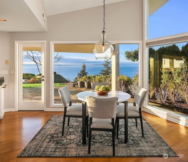 dining area featuring hardwood / wood-style floors, a water view, and lofted ceiling