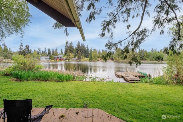 view of yard featuring a water view and a boat dock