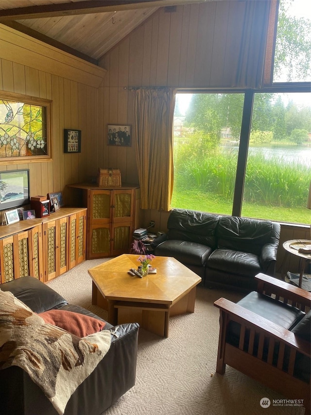 carpeted living room with wood walls, wood ceiling, and vaulted ceiling