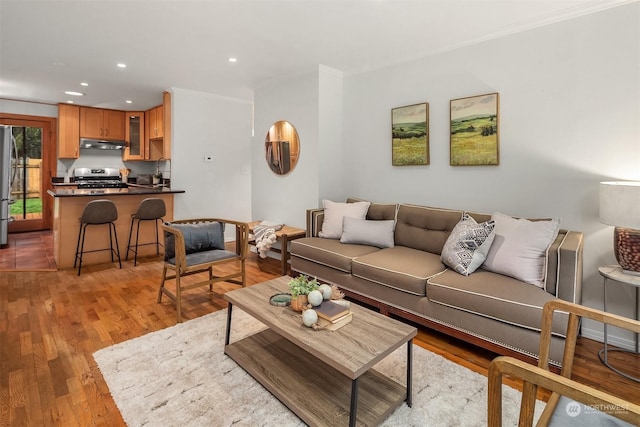 living room with crown molding and light hardwood / wood-style flooring