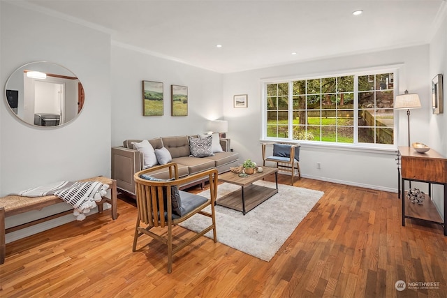 living room with light wood-type flooring and crown molding